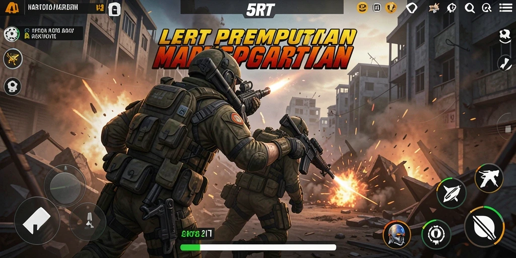 Screenshot mendebarkan pertempuran dalam 5RT dengan grafis menawan.