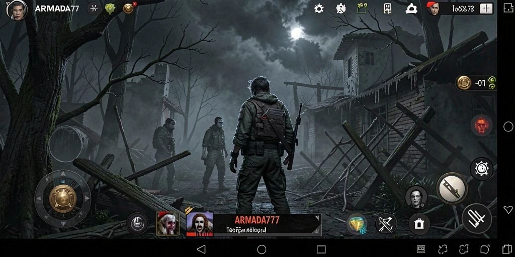Screenshot gameplay dari ARMADA777 yang menampilkan kegelapan dan ketegangan.