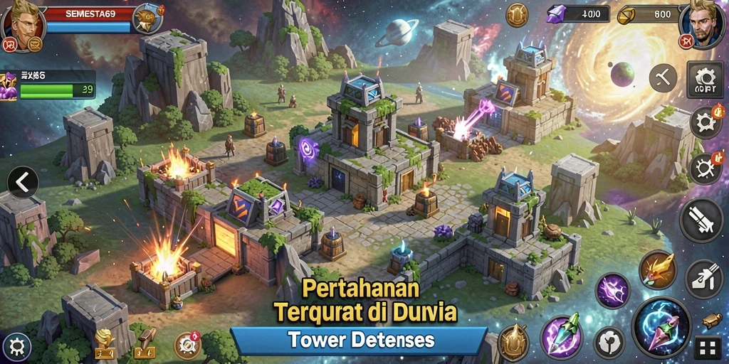 Screenshot gameplay SEMESTA69 menampilkan menara dan musuh yang menantang.