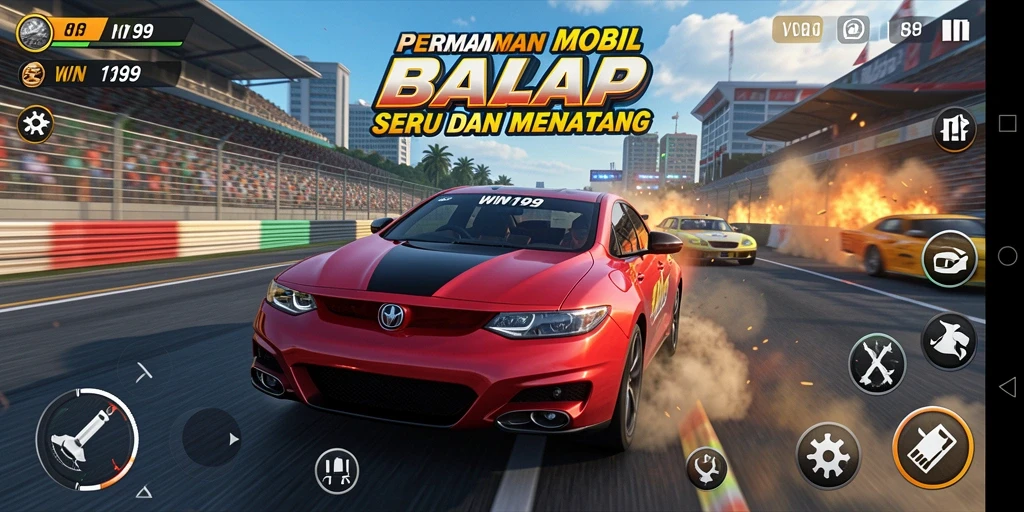 Tampilan gameplay seru di lintasan balap WIN199 dengan mobil yang cepat.